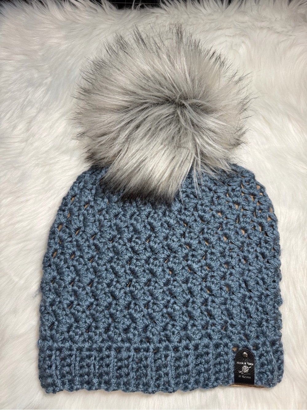 Handmade Blue Crochet Beanie with Faux Fur Pom Pom